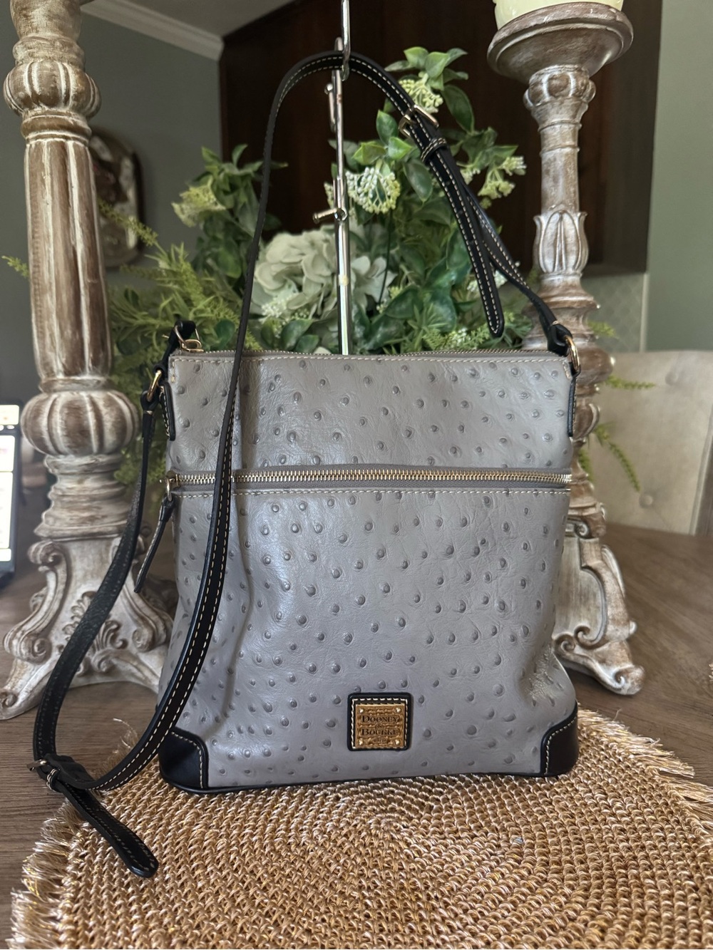 Dooney & Bourke Large Gray Ostrich Embroidered Crossbody Bag - MINT Condition